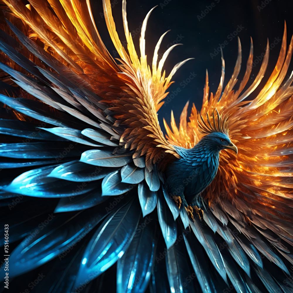 Fototapeta premium A bird with a lot feathers. Metallic bird with rainbow feathers. Generative AI