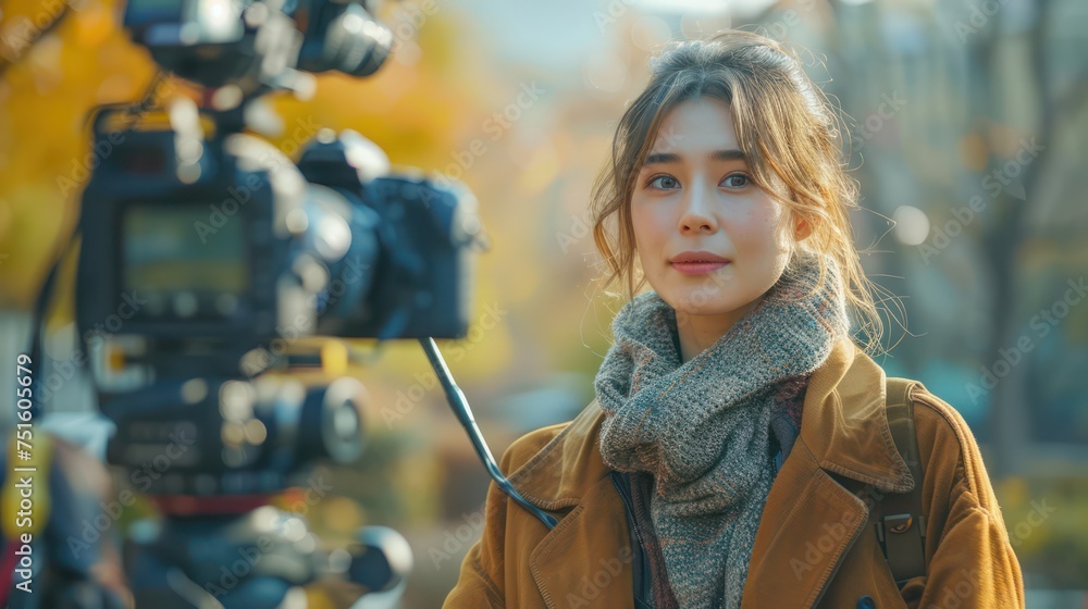 Female television reporter presenting outdoor news Female television reporter presenting outdoor news
