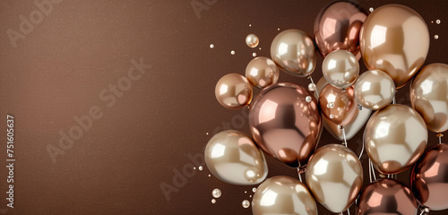 An elegant arrangement of pearl and champagne-colored balloons, floating against a rich chocolate brown background