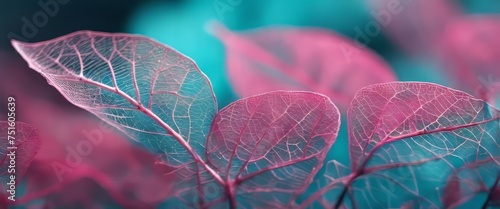 Macro leaves background texture blue, turquoise, pink color. Transparent skeleton leaves.