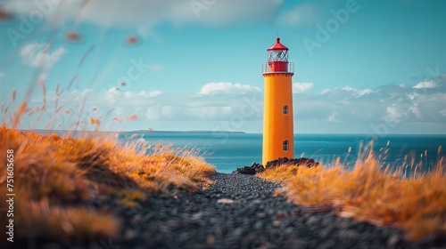 Lighthouse with blue sky and sea.