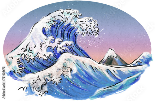 Representación de la gran ola, antigua obra de arte japonesa. Pintura de kanagawa. Pintura oceánica con una gran ola y el monte Fuji de fondo. Recurso de diseño para camiseta, cartel photo