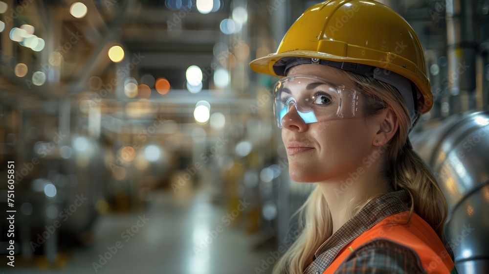 A woman in a hard hat looks proudly at a factory that produces hydrogen and creates electrolyzers. Stainless steel tanks. A woman in a hard hat looks proudly at a factory that produces hydrogen and creates electrolyzers. Stainless steel tanks.