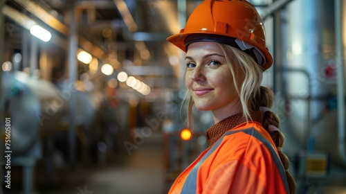 A woman in a hard hat looks proudly at a factory that produces hydrogen and creates electrolyzers. Stainless steel tanks.