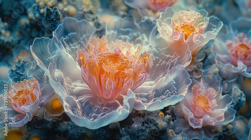 Unreal flower-like creature close-up, underwater discovery
