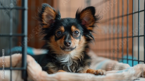 Generative AI, cute happy dog on cozy bed in specialized pet hotel
 photo
