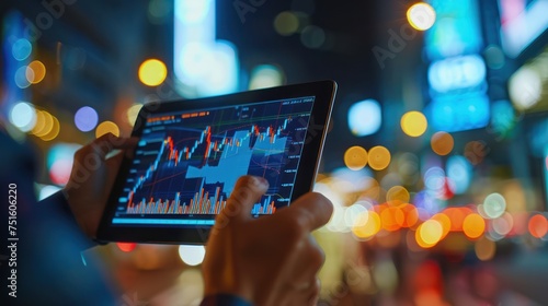 Businessman holds tablet showing economic graph, stock market, profit growth