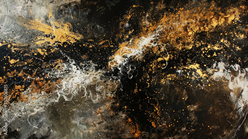 Abstract background, splashes of golden paint on dark canvas