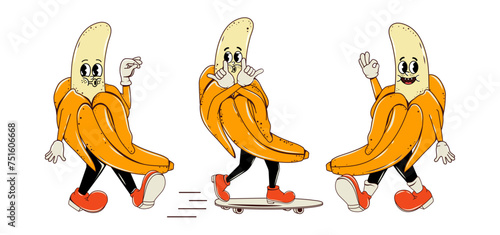 Set of bananas in different modern trendy poses. Faces and expressions. Vector illustration. Isolated. Vibrant color icon. Stickers pack. Retro funky fun cute design. Summer juicy style. Y2k elements