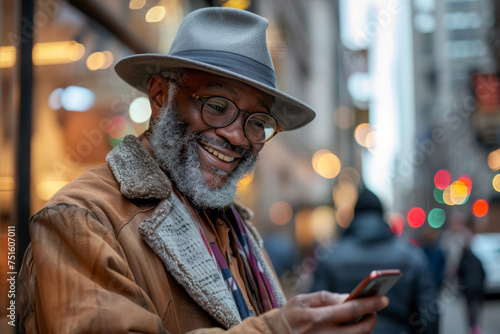 Joyful Senior Man Using Smartphone in Urban Setting