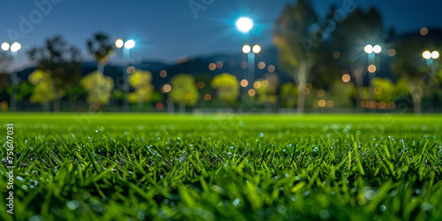 Dewy Soccer Field at Twilight with Stadium Lights Illuminated