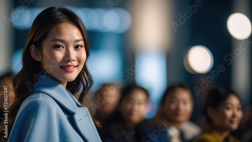 Beautiful top model asian girl in the fashion week runway wearing blue coat dress