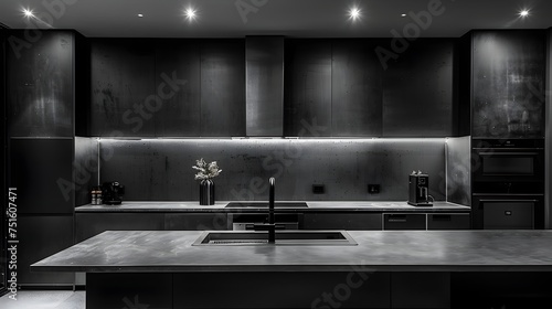 Sleek Black and White Kitchen with Marble Countertop, To provide a high-quality, visually striking photograph of a modern kitchen for use in photo
