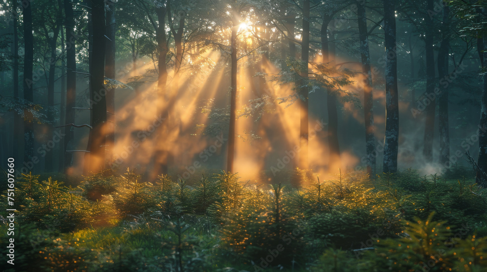 Natural Forest of Spruce Trees, Sunbeams through Fog create mystic Atmosphere.