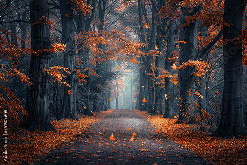 Enchanted Autumn Forest Path with Falling Leaves