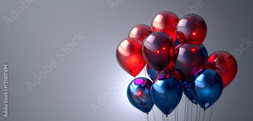 Luminous balloons in a palette of ruby red and sapphire blue, set against a muted gray background