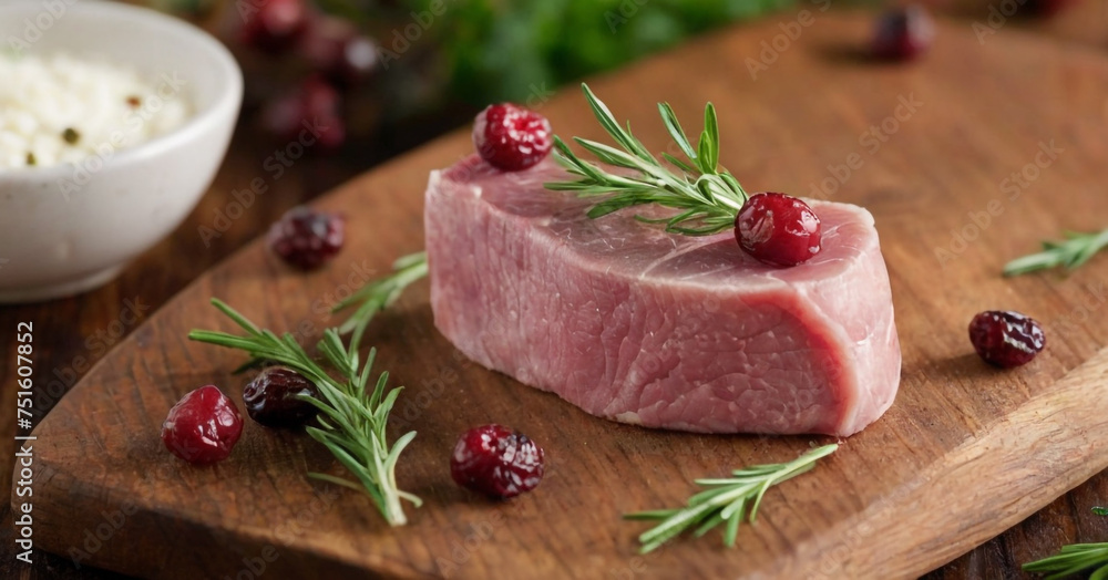 The image showcases succulent cuts of lamb meat, beautifully presented on a wooden cutting board. It’s garnished with fresh rosemary sprigs and juicy red berries, enhancing the visual appeal.