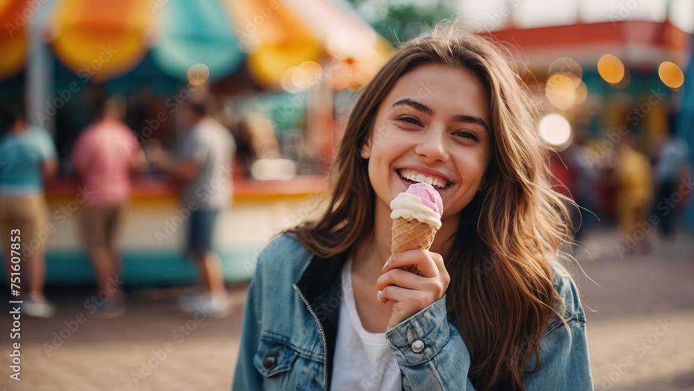 Smiling young western woman holding ice cream Smiling young western woman holding ice cream