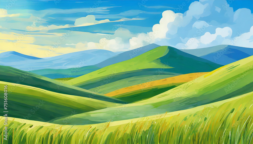 Detailed illustration of summer fields, green grass and blue sky with clouds. Natural landscape.