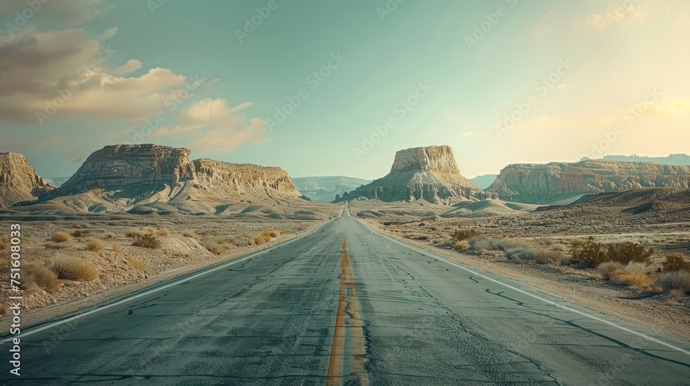 The road winds along empty roads through a barren desert landscape.