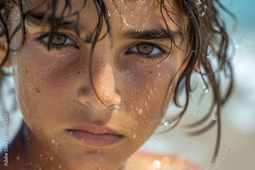 A candid close-up of a young boy with sparkling water droplets on his skin
