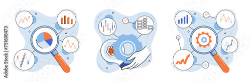 Data analysis. Vector illustration. Market research and analytics are essential for understanding consumer behavior and trends Marketing analytics helps businesses optimize their marketing strategies