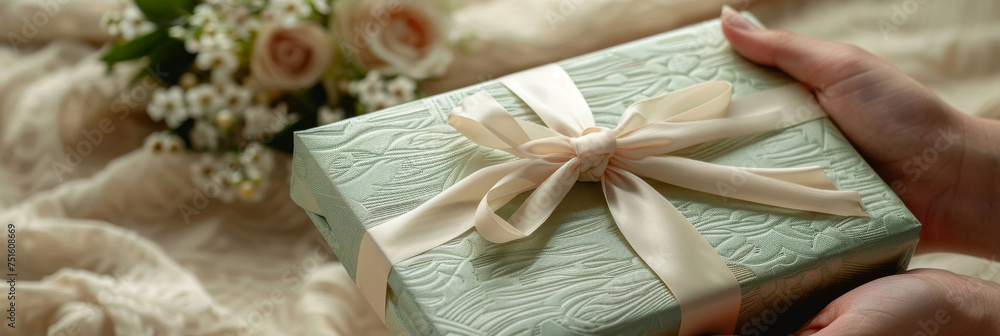 A person is holding a green gift box with a bow in their hands. The box is nicely wrapped A person is holding a green gift box with a bow in their hands. The box is nicely wrapped