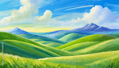 Detailed illustration of summer fields, green grass and blue sky with clouds. Natural landscape. © hardvicore