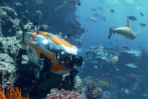 A robot assisting a marine biologist by studying sharks near a vibrant coral reef in the deep ocean © Shutter2U