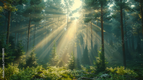 Natural Forest of Spruce Trees, Sunbeams through Fog create mystic Atmosphere.