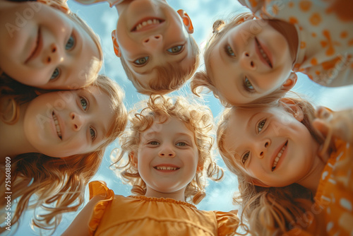 .Group portrait of happy kids huddling, looking down at camera and smiling. Low angle, view from below.i