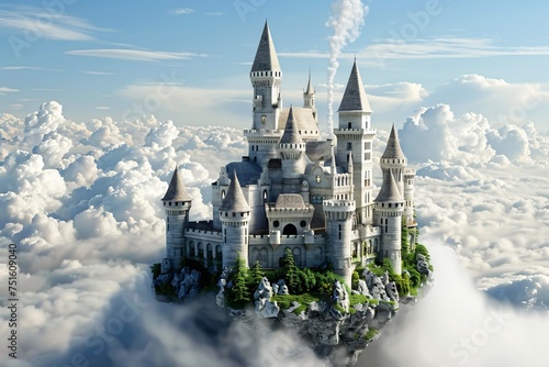 Castle floating among the clouds its foundations rooted in the principles of sustainability and renewable magic a beacon of hope in a contemporary fairy tale