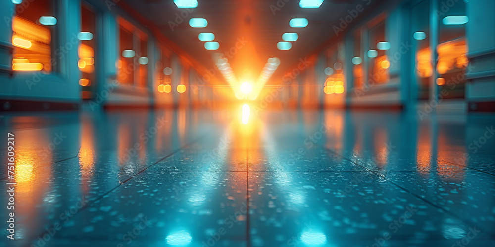 Abstract blurred background of a hospital walkway with a radiant light effect