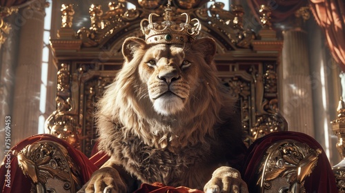 An opulent depiction of a lion king in a throne room wearing a crown and draped in a royal robe symbolizing power and nobility photo
