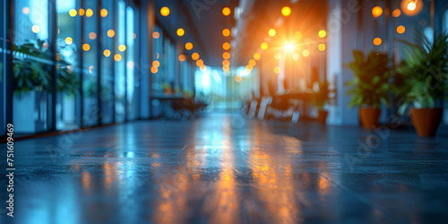 Sunset Glow in Modern Office Corridor with Bokeh Lights