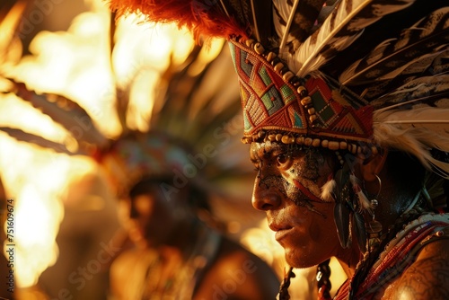 Close up of Aztec dancers feathered headdresses intense expressions fire torches lighting the scene photo
