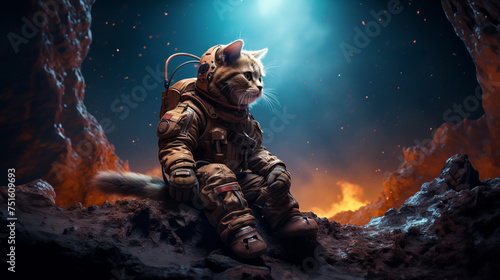 A cat in a space suit is sitting on a rocky surface