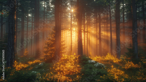 Natural Forest of Spruce Trees, Sunbeams through Fog create mystic Atmosphere. © Matthew