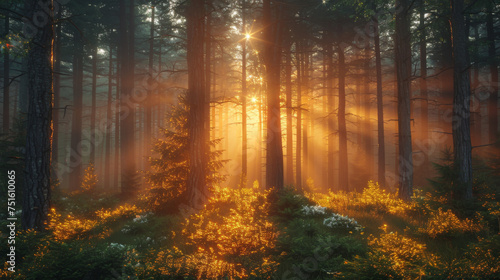 Natural Forest of Spruce Trees  Sunbeams through Fog create mystic Atmosphere.