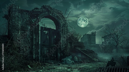In a deserted city survival gear scattered a barricaded door stands against zombies under a moonlit night