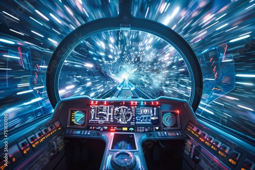 In a starfield a spaceships high tech dashboard navigates wormhole travel near a black hole