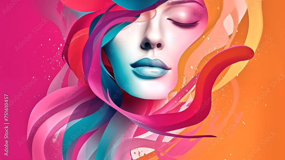 Beautiful Woman with Makeup and Floral Accents in Artistic Portrait Illustration