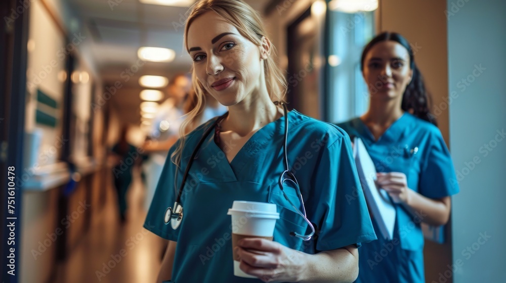Night shift team of nurses on a coffee break in a dimly lit corridor medical charts in hand Night shift team of nurses on a coffee break in a dimly lit corridor medical charts in hand