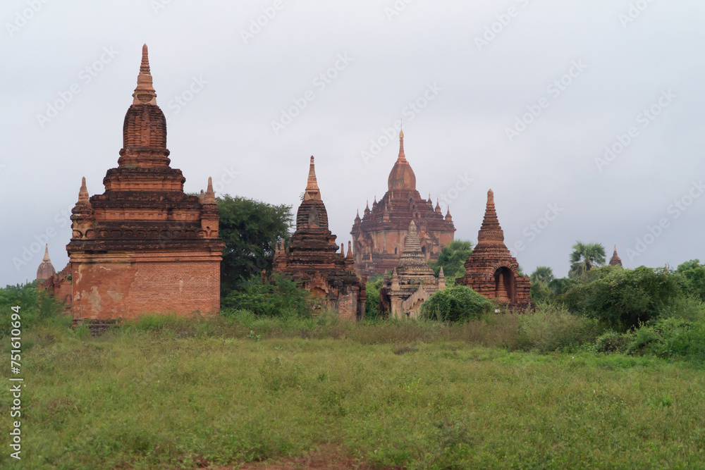 Burmese temples of Bagan City from a balloon, unesco world heritage with forest trees, Myanmar or Burma. Tourist destination.