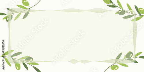 Template with frame, olive branches and green olives. Copy space. Vector illustration for Mediterranean menu card, poster.