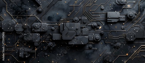 Sci-Fi Inspired Black Circuit Board Wallpaper with Gold Stars photo