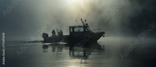 Searching for the Loch Ness monster a boat and its crew scan a misty lake sonar catching shadows in the water photo