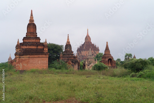 Burmese temples of Bagan City from a balloon  unesco world heritage with forest trees  Myanmar or Burma. Tourist destination.
