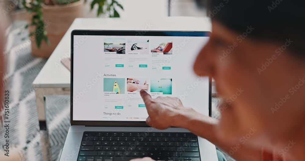 People, laptop and travel research or home for vacation itinerary for international booking, trip or online. Couple, screen and web decision or planning accommodation or country, homepage or browsing