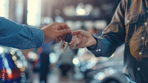Close-up hand of male dealer giving new car keys to male customer